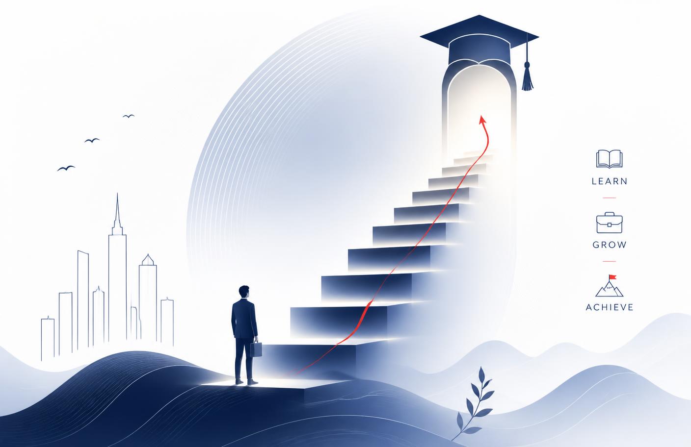 Ilustração de evolução acadêmica e crescimento profissional
