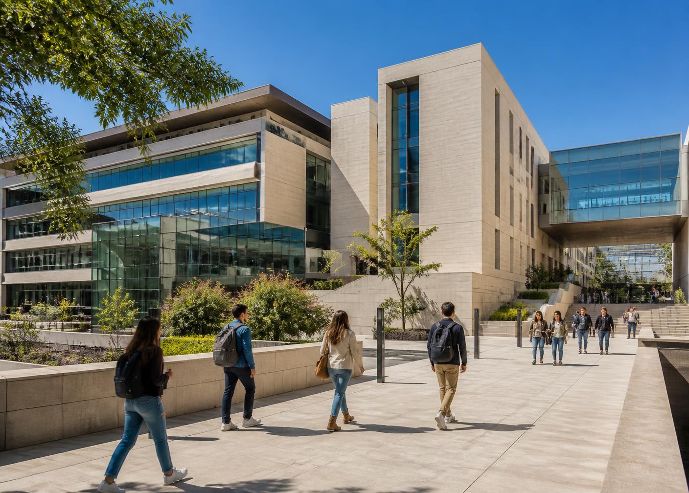 Campus universitário moderno com estudantes caminhando